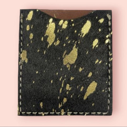 Stick On Card Wallet for Phone or Boots Speckled Cowhide Black Gold